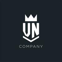 VN logo with shield and crown, initial monogram logo design vector