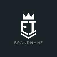 EI logo with shield and crown, initial monogram logo design vector