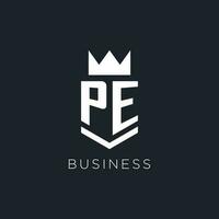 PE logo with shield and crown, initial monogram logo design vector