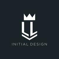 LL logo with shield and crown, initial monogram logo design vector