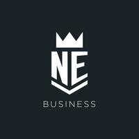 NE logo with shield and crown, initial monogram logo design vector