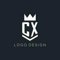 CX logo with shield and crown, initial monogram logo design vector