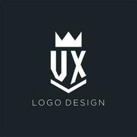 VX logo with shield and crown, initial monogram logo design vector