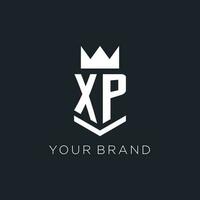 XP logo with shield and crown, initial monogram logo design vector