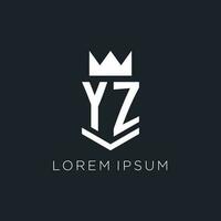 YZ logo with shield and crown, initial monogram logo design vector