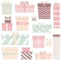 Vector illustration set of cute gifts of different shapes and colors. Boxes with bows of delicate colors. Cartoon decorations for the festive background.