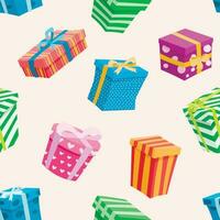 Vector illustration seamless pattern with boxes. Multicolored cartoon gifts with bows. Festive decor for the background.