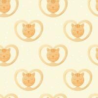 Baby pacifier with a picture of a cat, flat style. Vector seamless cartoon pattern.
