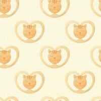 Baby pacifier with a picture of a cat, flat style. Vector seamless cartoon pattern.