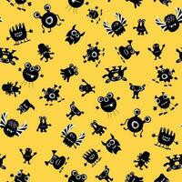 Seamless funny monsters pattern. Many black monsters on yellow background. vector