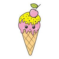 Kawaii ice cream dessert in a waffle cup, color vector illustration in cartoon style