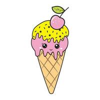 Kawaii ice cream dessert in a waffle cup, color vector illustration in cartoon style