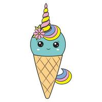 Unicorn ice cream kawaii dessert in a waffle cup, color vector illustration in cartoon style