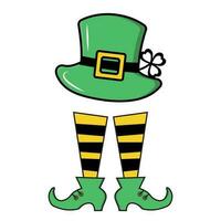 Festive green hat with clover and feet in boots for Patrick's Day, color vector illustration in cartoon style