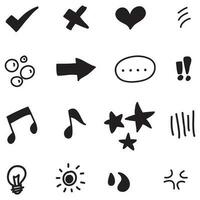 Vector set of hand-drawn cartoony expression sign doodle, curve directional arrows, emoticon effects design elements, cartoon character emotion symbols, cute decorative brush stroke lines.