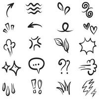 Vector set of hand-drawn cartoony expression sign doodle, curve directional arrows, emoticon effects design elements, cartoon character emotion symbols, cute decorative brush stroke lines.