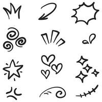 Vector set of hand-drawn cartoony expression sign doodle, curve directional arrows, emoticon effects design elements, cartoon character emotion symbols, cute decorative brush stroke lines.