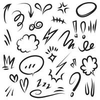 Vector set of hand-drawn cute cartoony expression sign doodle line stroke. movement drawing, curve directional arrows, emoticon effects design elements, cartoon character emotion symbols,