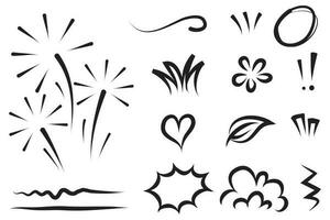 Vector set of hand-drawn cartoony expression sign doodle, curve directional arrows, emoticon effects design elements, cartoon character emotion symbols, cute decorative brush stroke lines.