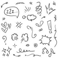 Vector set of hand-drawn cartoony expression sign doodle, curve directional arrows, emoticon effects design elements, cartoon character emotion symbols, cute decorative brush stroke lines.