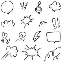 Conjunto de vectores de doodle de signo de expresión de dibujos animados dibujados a mano, flechas direccionales de curva, elementos de diseño de efectos de emoticonos, símbolos de emoción de personaje de dibujos animados, lindas líneas de trazo de pincel decorativo.