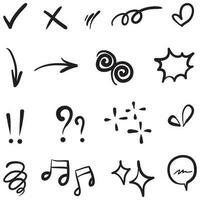 Conjunto de vectores de doodle de signo de expresión de dibujos animados dibujados a mano, flechas direccionales de curva, elementos de diseño de efectos de emoticonos, símbolos de emoción de personaje de dibujos animados, lindas líneas de trazo de pincel decorativo.