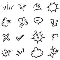 Vector set of hand-drawn cartoony expression sign doodle, curve directional arrows, emoticon effects design elements, cartoon character emotion symbols, cute decorative brush stroke lines.
