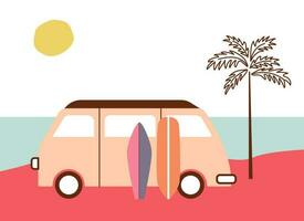 Summer beach landscape with bus, palm and surf boards in retro style. Modern minimalism style. Nostalgia vibes. vector