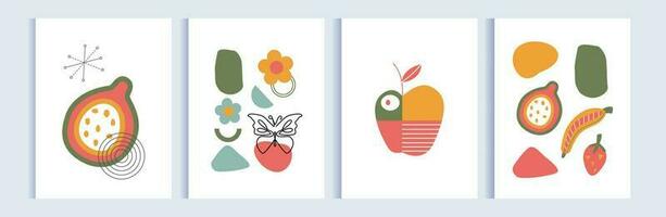 Set of modern abstract posters, covers, backgrounds. Line art, one line art butterflies, flowers, fruits, abstract shapes. Floral mid century concept. Colorful simple background, banner, flyer. vector