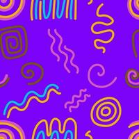 Seamless pattern squiggle scribble in 90s style. Bright colorful abstract doodle design with spiral, rounded shapes, geometric lines, curly. For textiles, paper, fabrics, wallpaper, wrapping. vector