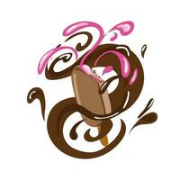 Isolated chocolate soft serve ice cream with chocolate splash. Vector realistic ice cream in wafer cup with brown choco sauce swirl. Sweet creamy confectionery dessert, dairy sweets
