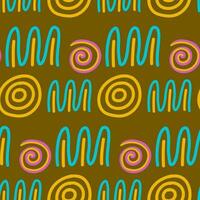 Seamless pattern squiggle scribble in 90s style. Bright colorful abstract doodle design with spiral, rounded shapes, geometric lines, curly. For textiles, paper, fabrics, wallpaper, wrapping. vector
