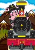 Cute Cartoon Wild West Pig Gunslinger Cowboy Sheriff with Western Style Steam Train vector