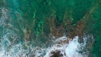 oben Aussicht von ein verlassen Küste. felsig Ufer von das Insel von Teneriffa, Kanarienvogel Inseln, Spanien. Antenne Drohne Aufnahmen von Ozean Wellen erreichen Ufer video