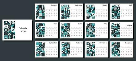 Calendar 2024 geometric patterns. Monthly calendar template for 2024 year with geometric shapes. vector