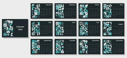 Calendar 2024 geometric patterns. Monthly calendar template for 2024 year with geometric shapes. vector