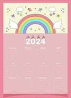 Calendar 2024 pink for a child with elements of unicorn, rainbow, wings, clouds, butterflies, bows, hearts. vector