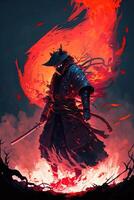 A samurai in a demonic red mask on the battlefield makes a swing with a katana creating a sizzling fire ring around, he is a mystical martial. illustration painting photo