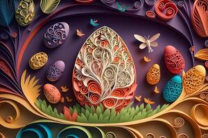 paper cut quilling multi dimensional easter egg in easter celebration, a lot of egg and small rabbit in background. Spring concept. photo