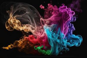 Generative AI a colorful smoke cloud is shown in this image, it looks like it is floating in the air and is very dark and blue and yellow, with a black background. photo