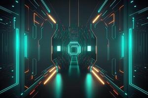 Abstract neon lights into digital technology tunnel. Futuristic technology abstract background with lines for network, big data, data center, server, internet, speed. technology photo