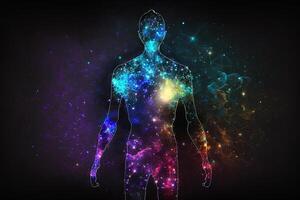 astral cuerpo silueta con resumen espacio antecedentes. esotérico, espiritual vida y meditación concepto. vida futura y conexión con otro mundos creado con generativo ai foto