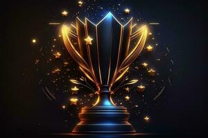 Champion golden trophy with gold stars on blue dark background. Generation AI. Concept of success and achievement. Gold glitters explosion. photo