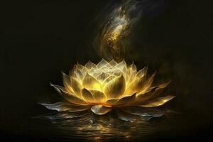 Bright red, yellow lotus flower, burning cloud-like petals, surrounded by magic chaos light, white smoke, falling reflected light, Lotus light with pearls floating on a sparkly background. photo