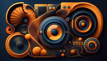 Background banner Music and sound with some technology, orange and dark blue color.Gold music notes and treble clef on line wave of sound tune. illustration template for music festival photo