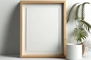 Blank picture frame mockup on wall in modern interior. Artwork template mock up in interior design. Wooden Picture Frame Mockup on White Wall Minimalist - photo