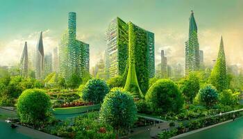 Spectacular eco-futuristic cityscape full with greenery, skyscrapers, parks, and other manmade green spaces in urban area. Green garden in modern city. photo