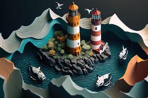 a top view paper art of Lighthouses and whales on the sea, sunny. Perfect for your project, texture, blog,gift paper, wrapping and environment. photo