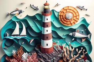 a top view paper art of Lighthouses and whales on the sea, sunny. Perfect for your project, texture, blog,gift paper, wrapping and environment. photo