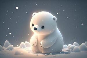 cute polar bear baby cartoon dreamlike in snow, winter, . Animal and landscape concept. photo